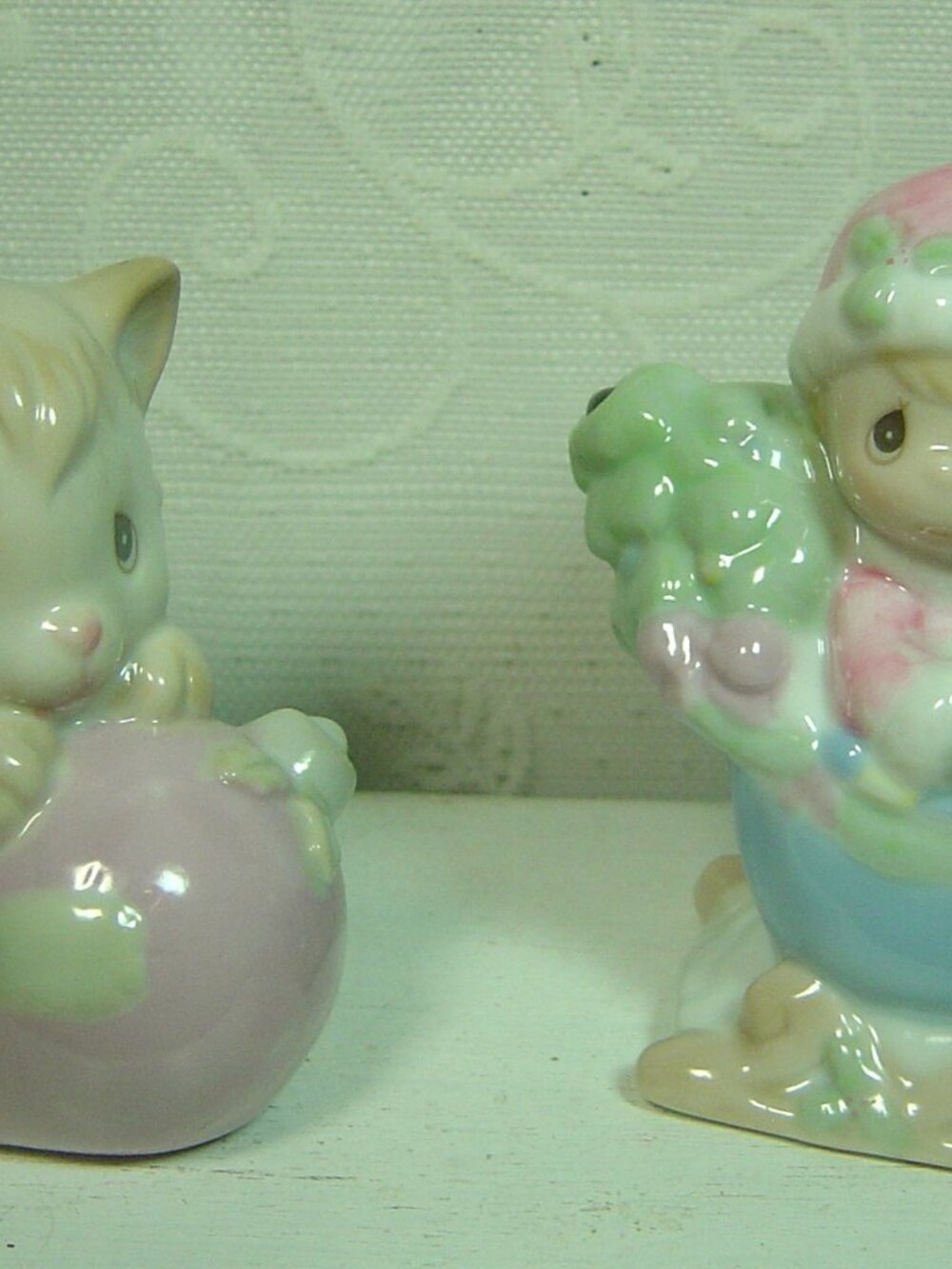 2 Precious Moments ornaments-kitten with ball & girl in sled--no music